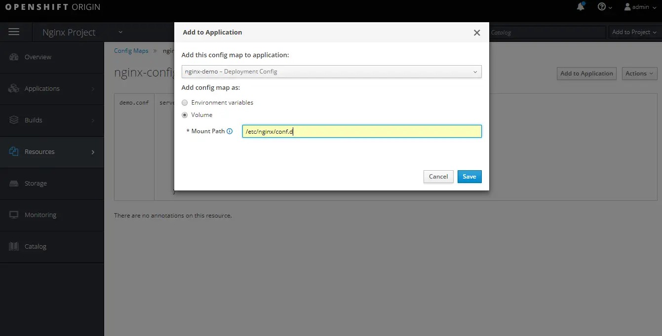 将ConfigMap挂载到DeployConfig应用/etc/nginx/conf.d目录